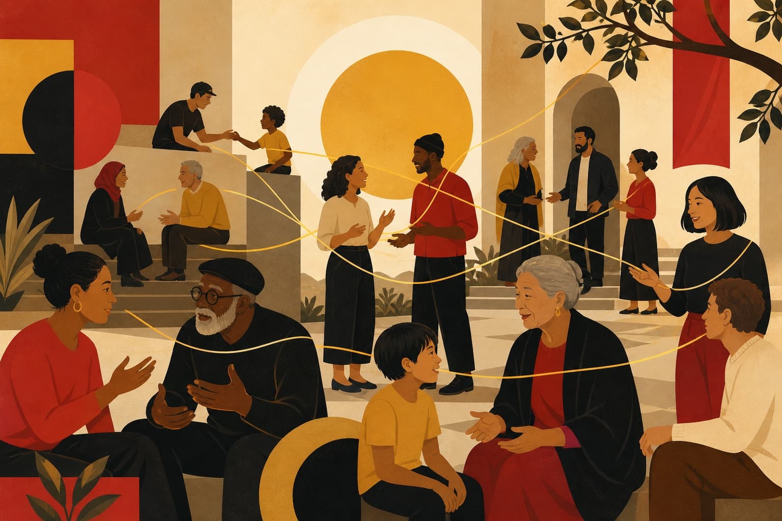Illustrated community gathering in a sunlit courtyard with people of many ages talking and connecting