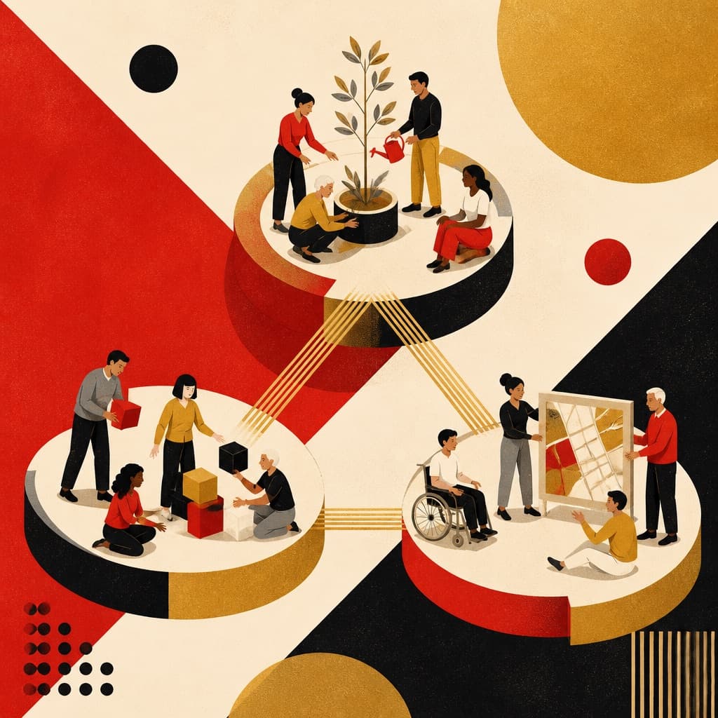 Abstract illustration of three connected community nodes linked by golden threads, with people collaborating at each node
