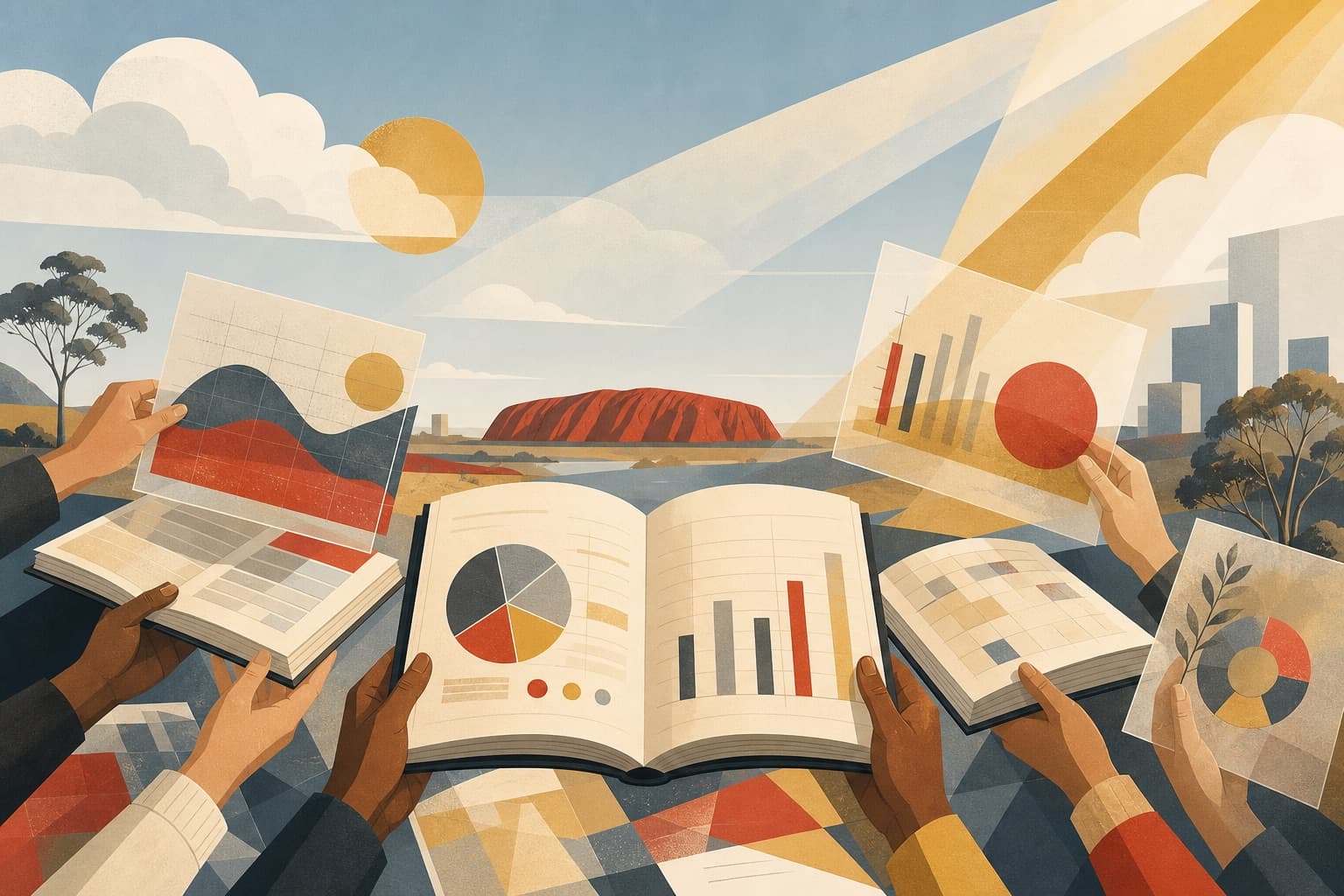 Illustrated hands of many people holding open ledgers and transparent charts against an open landscape