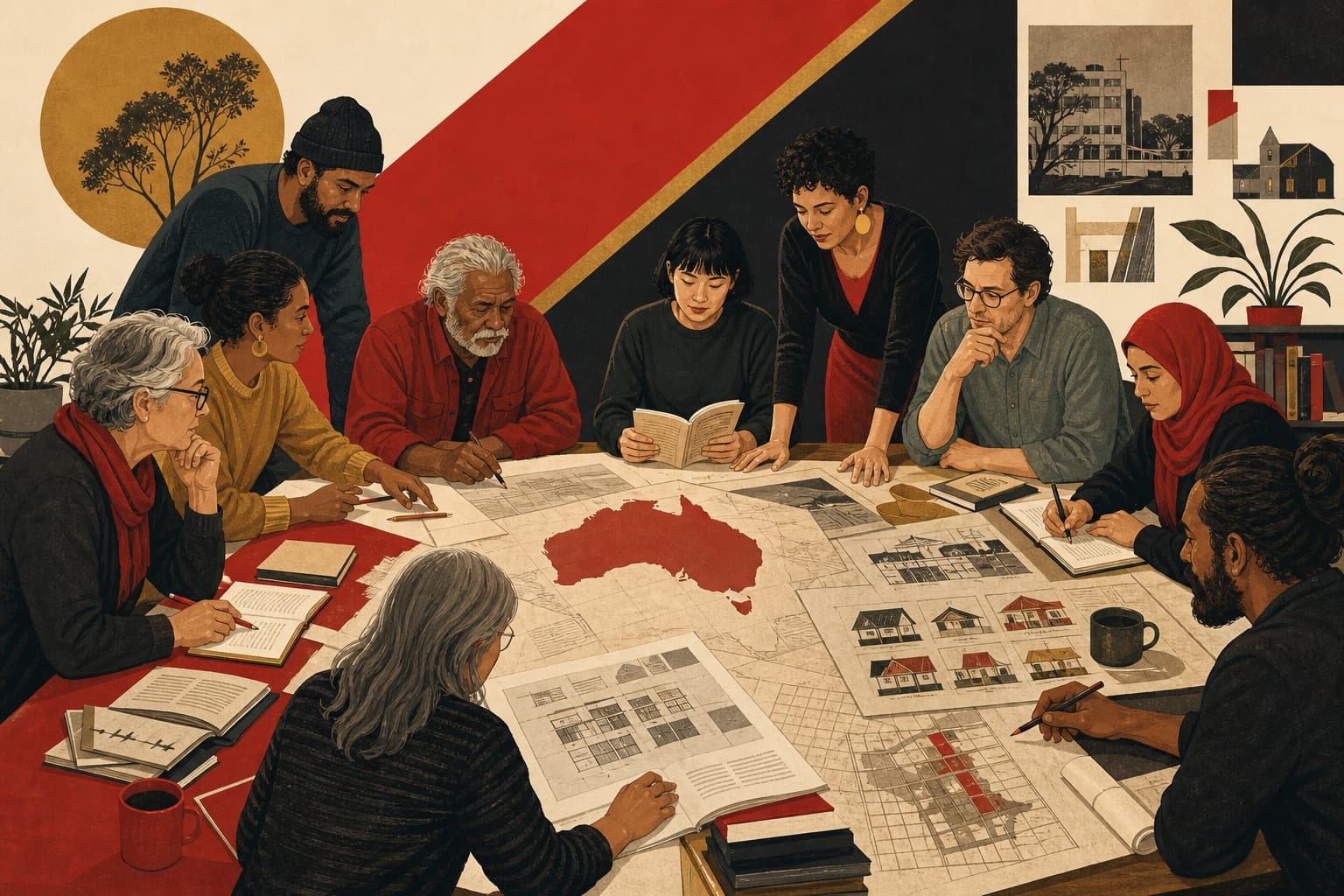 Illustrated researchers and community members studying open maps, housing diagrams and source-cited documents together